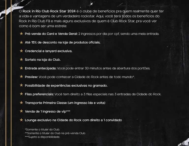 Benefícios do Club Rock Star para o Rock in Rio 2026.