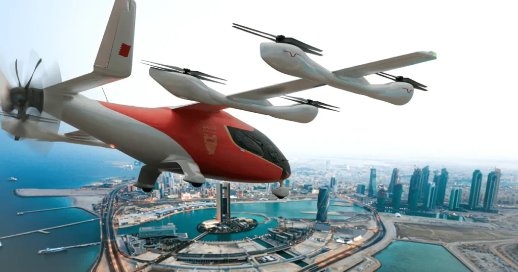 Simulação do eVTOL da eve voando sobre uma cidade
