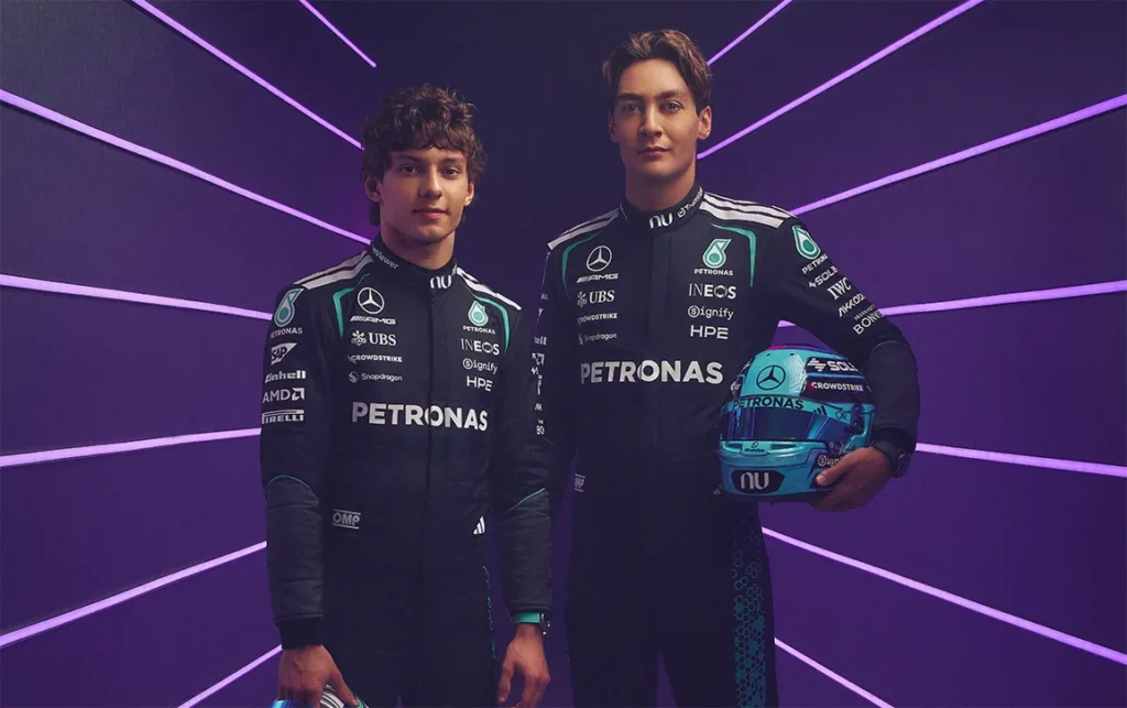 Foto dos pilotos, Kimi Antonelli e George Russell, pilotos da Mercedes-AMG