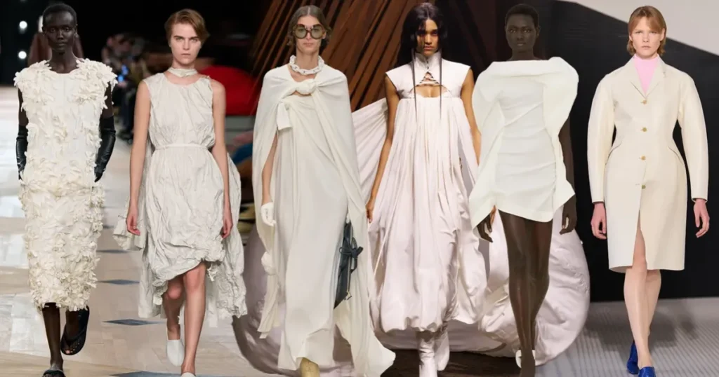 Várias modelos vestindo roupas com tons brancos