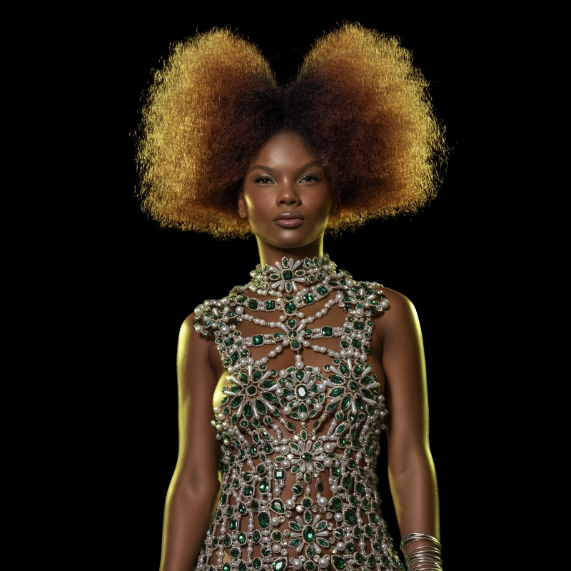 Foto de uma mulher negra com um vestido de carnaval de alta costura