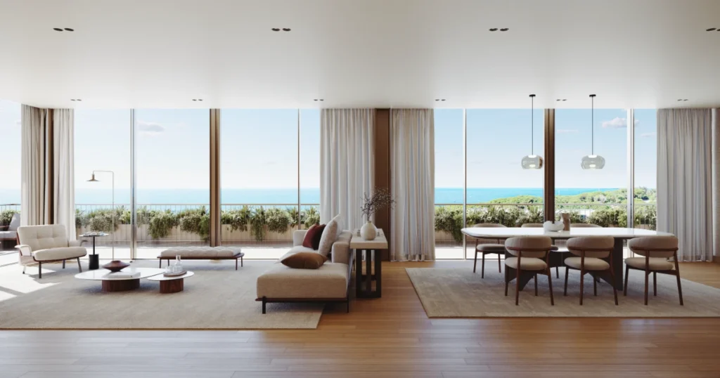 Projeto 3D de uma sala com sofás, poltronas e uma mesa com 6 poltronas do Fasano Cascais