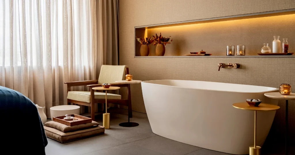 Foto de uma sala de spa no Fasano Itaim, com uma poltrona e uma banheira como destaque