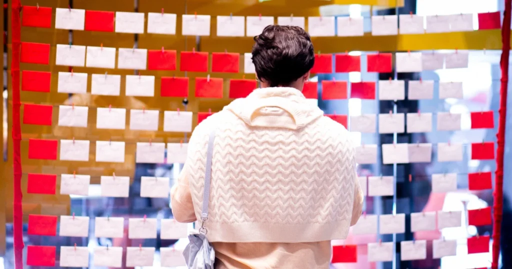 Foto de um homem branco de frente para o varal de cartas no TEDx São José dos Campos