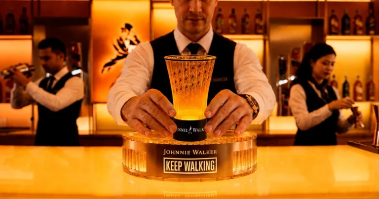 Imagem de um barmen segurando um copo da Johnnie Walker