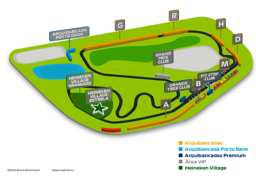 Mapa dos setores do GP de F1 no Brasil em Interlagos, São Paulo