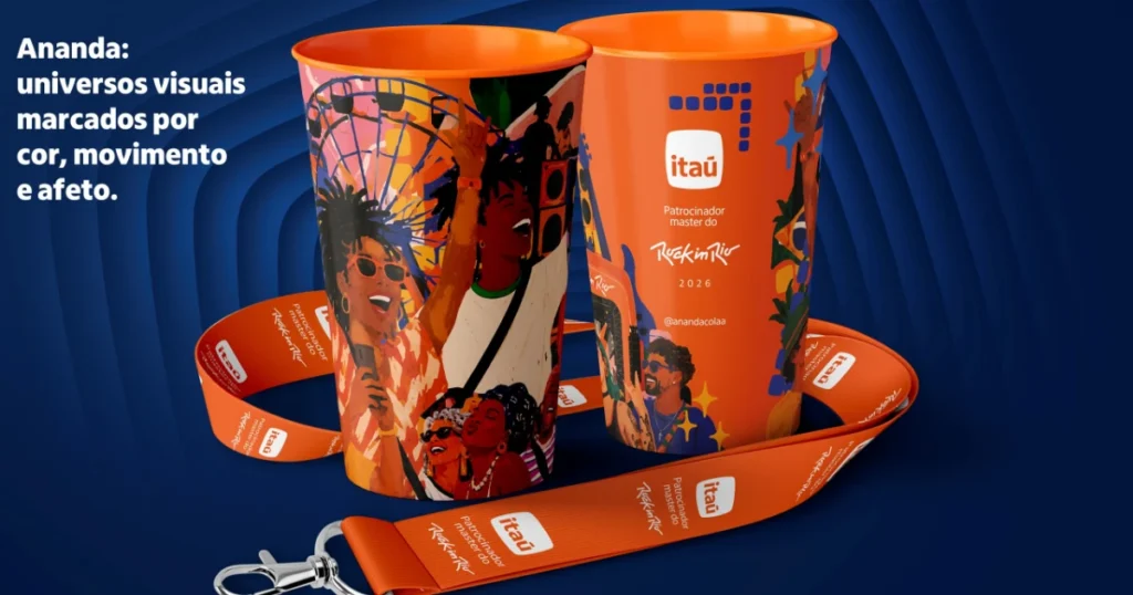 Ilustração dos copos personalizados do Itaú para o Rock in Rio 2026