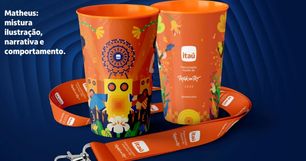 Ilustração dos copos personalizados do Itaú para o Rock in Rio 2026