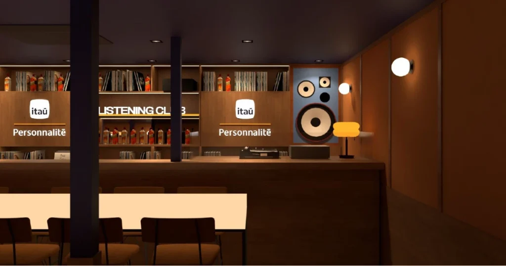 Ilustração do espaço interno do Listening Club do Itaú no Rock in Rio 2026