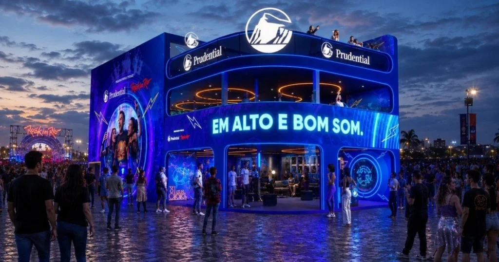 Ilustração do estande da Prudential para o Rock in Rio 2026